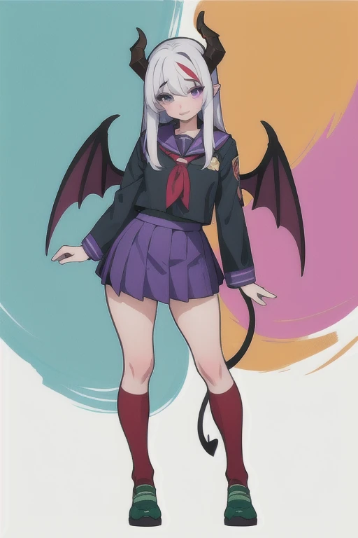 Complete body Vampirewings Peeled purple simple style color Demon girl hay horns anime 2d, (multicolor hair: middle white middle purple), small eyes Boku no hero posecompleta tail Boku no hero costume Boku no hero style, adult appearance, young older, stand up, stand up, demon wings, HD, 4k, scholar uniform white and green, shoes, good anatomy, five fingers, perfect hands, succubus friendly beautiful (good proportion) (full body) (good Hands) (scholar skirt) (light color clothes)