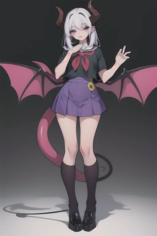 Complete body Vampirewings Peeled purple simple style color Demon girl hay horns anime 2d, (multicolor hair: middle white middle purple), small eyes Boku no hero posecompleta tail Boku no hero costume Boku no hero style, adult appearance, young older, stand up, stand up, demon wings, HD, 4k, scholar uniform white and green, shoes, good anatomy, five fingers, perfect hands, succubus friendly beautiful (good proportion) (full body) (good Hands) (scholar skirt) (light color clothes)