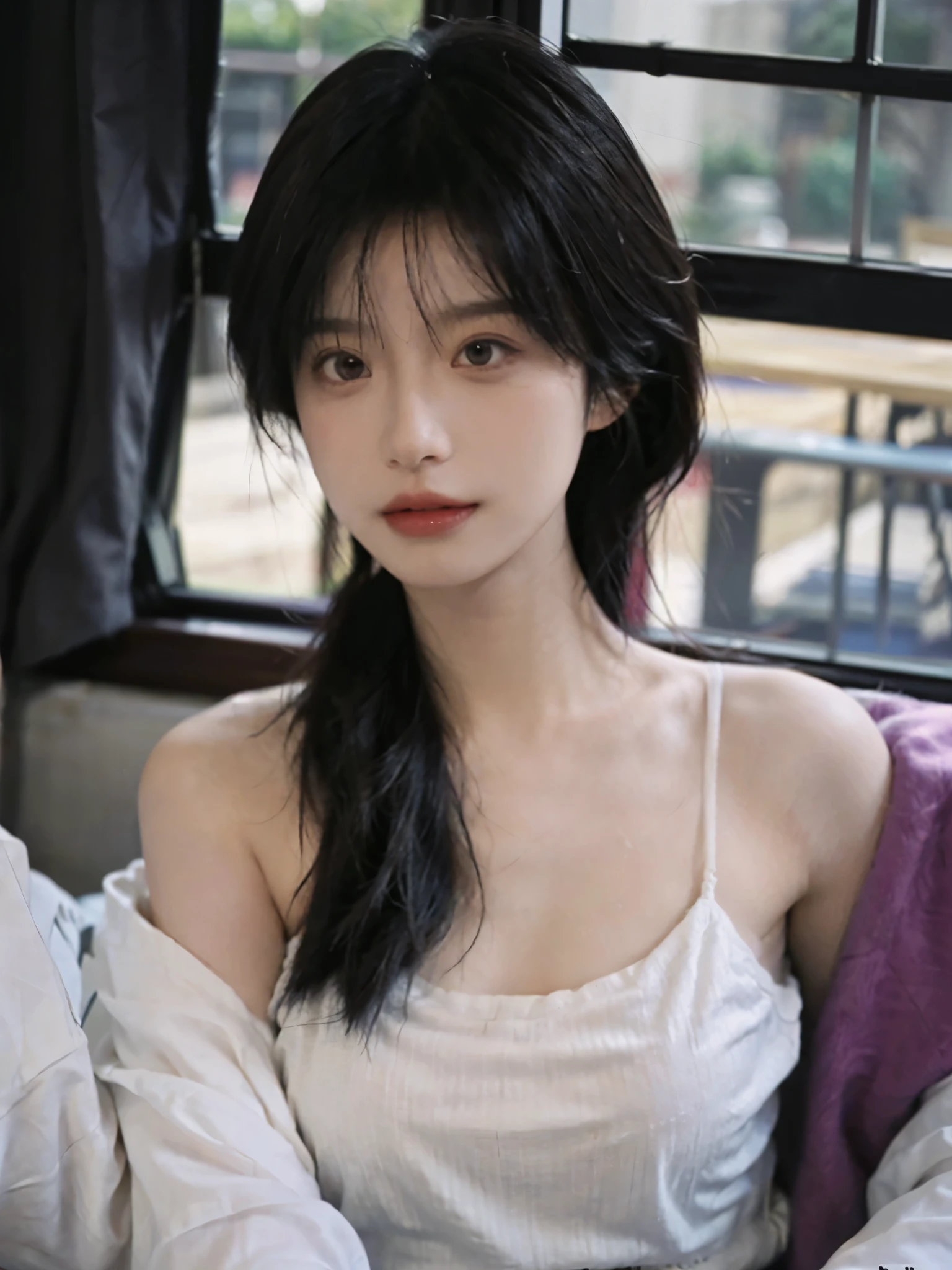 Film Portrait Photography, 1 girl, Bare shoulders,Lipstick,Purple short sleeves,(White bra:1.4),Purple sunlight,( Purple Hood:1.4),Shoulder-length straight hair, serene, calm, (逼真且Detailed眼睛, Natural skin texture, Realistic facial details), Soft dramatic lighting, Depth of Field, Bokeh, Vivid details, Detailed, Surrealism, 35 mm film, hazy, ,