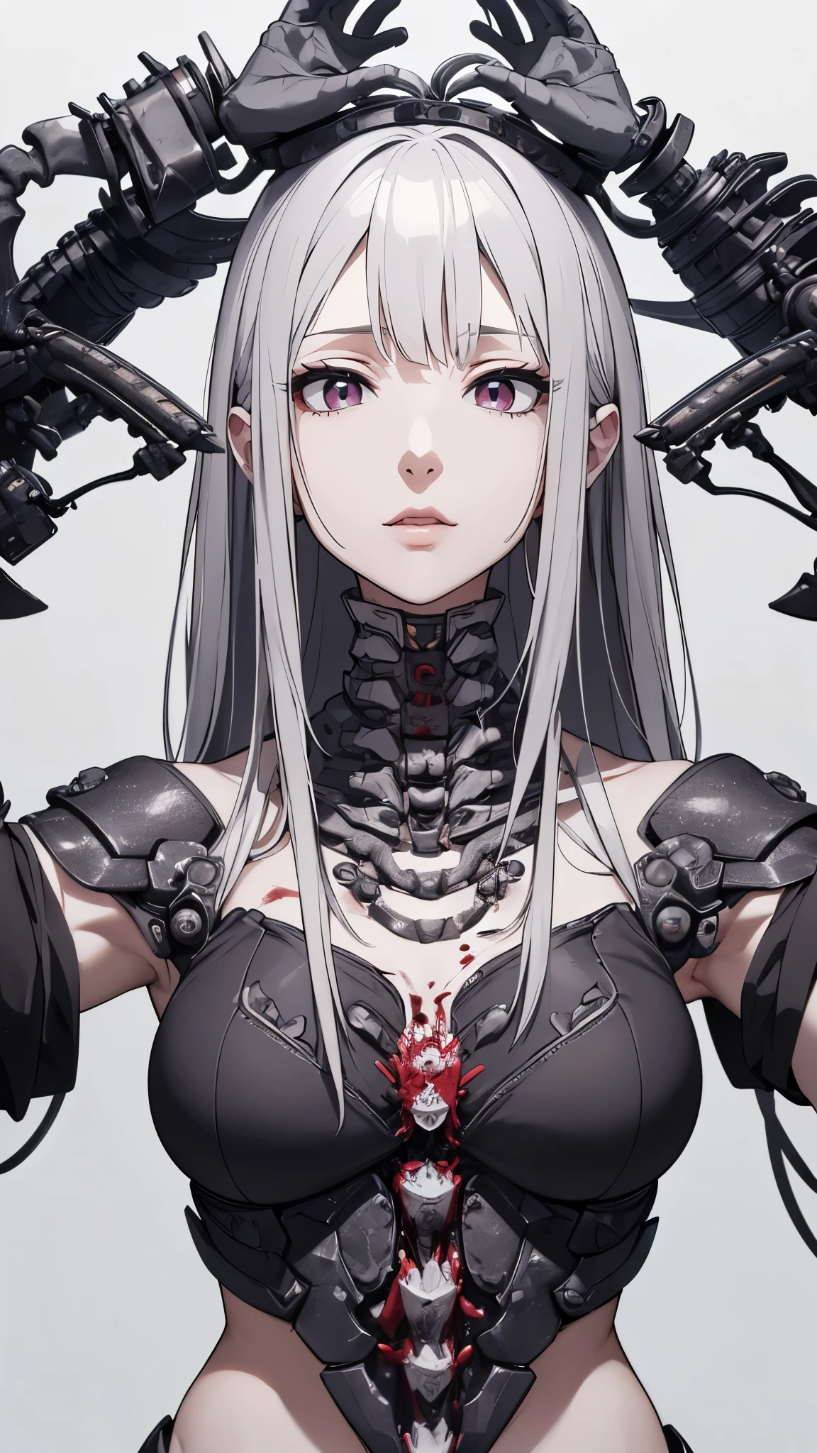 ((8K resolution))、((highest quality))、((masterpiece))、((Very detailed))((((dramatic))), (Anatomically correct)、The depth of the object to write、Looking at the camera、front、(woman、Mechanical bones格、Mechanical boneechanical Cervical Vertebra、Long and thin、Gray Hair、Long Hair、Red Eyes、lipstick、Spit sludge from the mouth、Bloody)、spooky、an ominous、((theme、whole body:1.1)), SF、Design、White Background