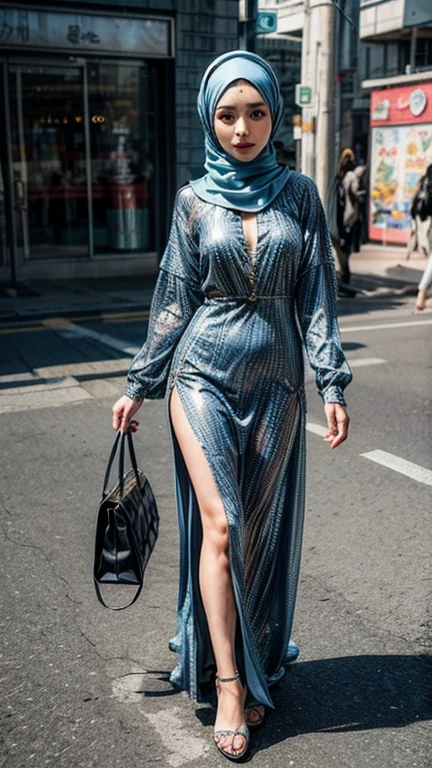 Girl, covered by loosly long dress and hijab, full body photoshoot, detailed detail, real skin texture, walkin in a crowded street,