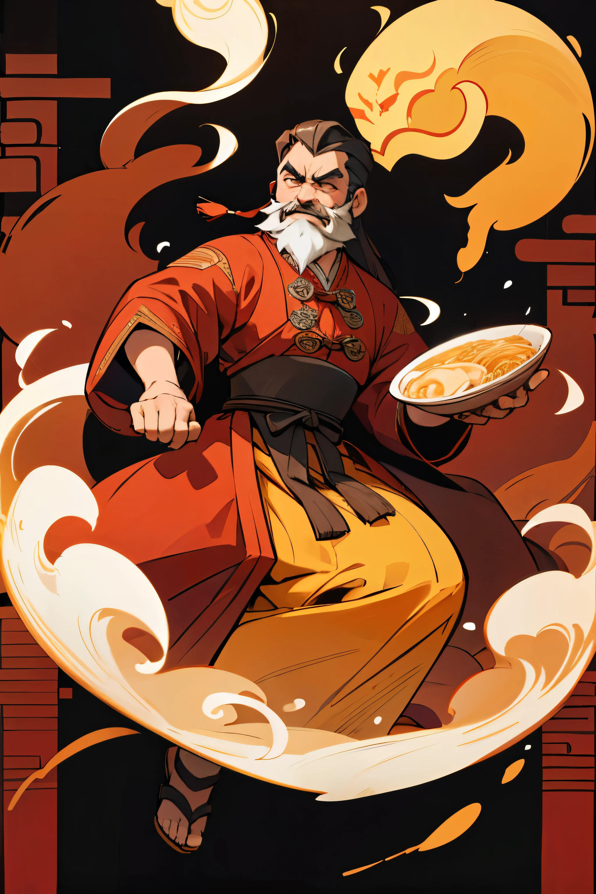 A middle-aged man,With beard and long hair,Wearing traditional Chinese clothing,Holding a big bowl of noodles,Full body HD picture,Hand gesture six