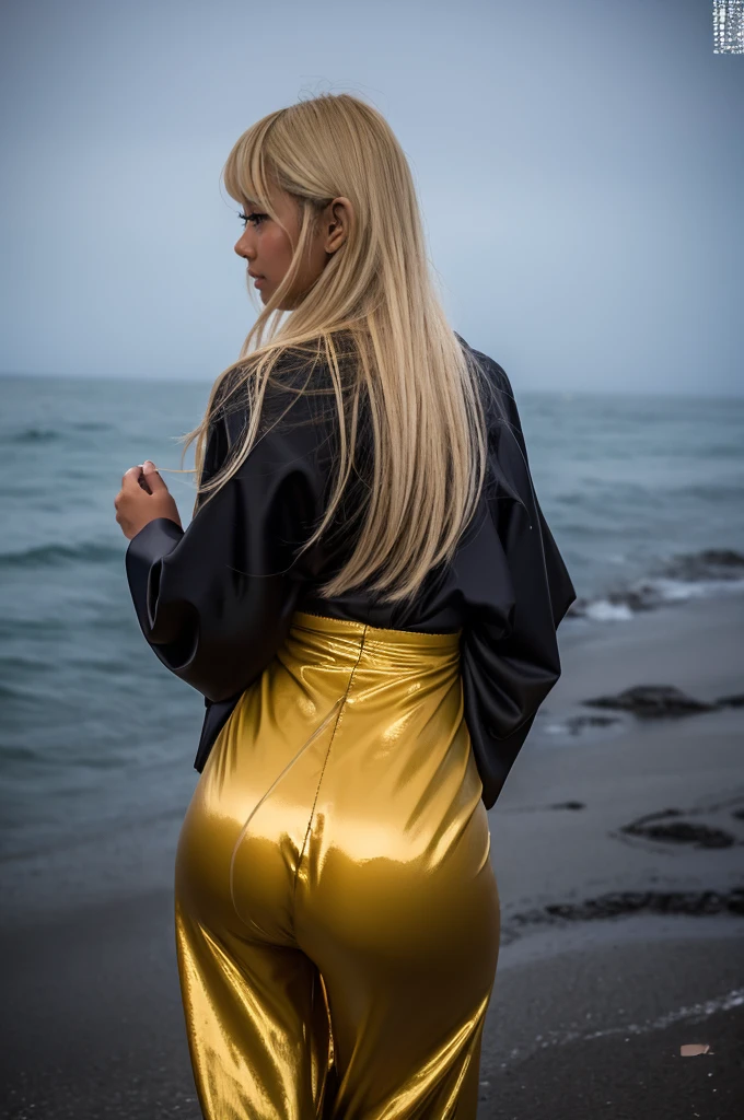 Ass, gyaru, dark-skinned, shiny oiled skin, blond hair, wearing japanese kimono, in the seaside, deep fog, at dark night