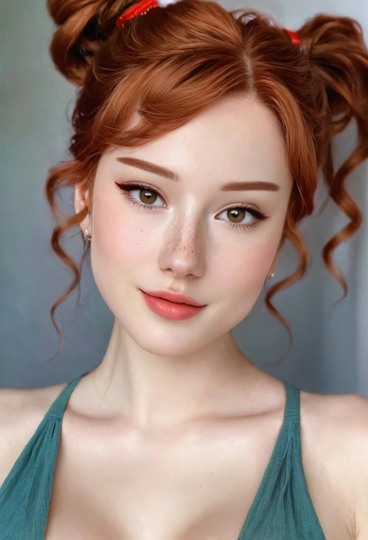 A very beautiful mixed race European Asian realistic girl, porcelain skin, most fair skin, very pale skin, red hair, ponytail, curly, freckles skin, hazel eyes, happy, unique face, detail photo, realistic photo, master piece picture, sharp picture.