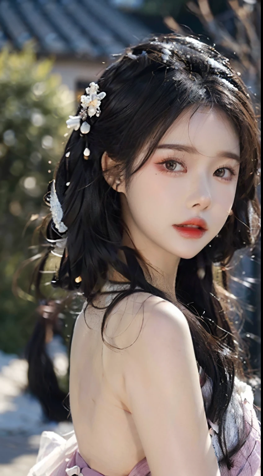 、(top quality,masterpiece:1.3,Ultra-high resolution,),(Super detailed,Caustic lines),(Reality:1.4,RAW Shooting,)Ultra-realistic capture,Very detailed,HD 16K,Suitable for human skin、 Natural skin texture、、Skin looks healthy and even-toned、 Use natural light and color,A woman,Kawaii,black hair,Medium Length Hair,(Depth of Field、Chromatic Aberration、、Wide lighting range、Natural shadows、)、(Nighttime outdoor lighting:1.4)、(Snow Scene:1.2)、(Hair blowing in the wind:1.1)