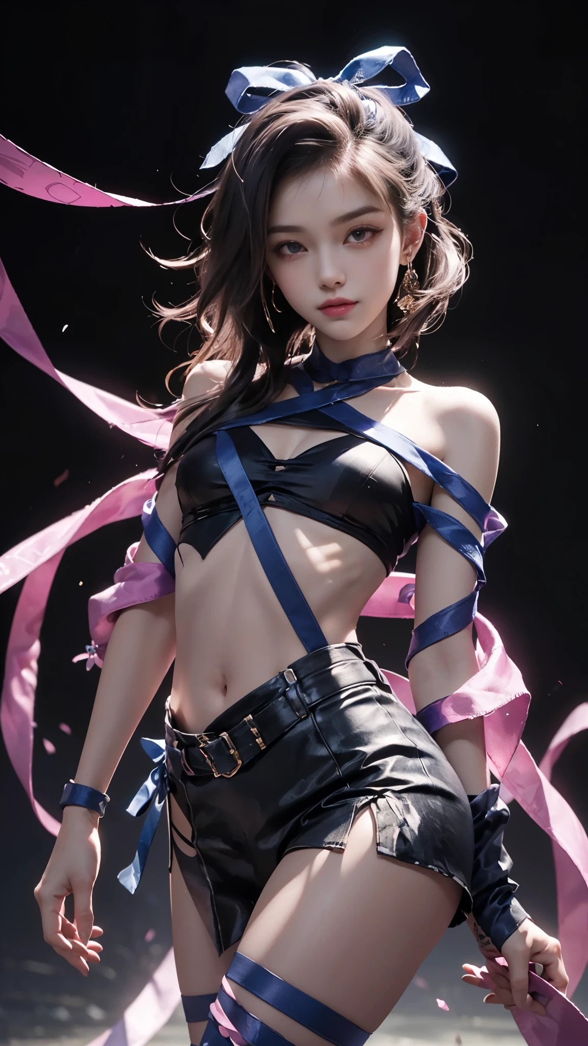 (ultra-realistic realism), (illustratio), (A high resolution), (8K), (The is very detailed), (Best Illustration), (Beautifully detailed eyes), (top-quality), (ultra - detailed), (tmasterpiece), (the wallpaper), (A detailed face), solo, 1 girl in, looking at viewert, finedetail, A detailed face, in the darkness nigth, deep shading, low tune, pureerosfaceace_V1, A smile, blue shawl ,straight hair, 46-point diagonal bangs, (Silk clothing, short clothing, strips), (strips:1.5), (strait ribbon:1.5), (cropped shoulders), The view of the night city,Light pastel coloured outfit,Nipples,streaks,Small breasts,near-flat chest,Very small hips,Very thin waist,Very thin legs,Very thin thighs,Morning Glow,In the spotlight,Pink nipples,Long inseam,Dynamic dance with legs spread wide,Small waist,Small waist骨,Thin pelvis,Thin Hips,Thin thighs,