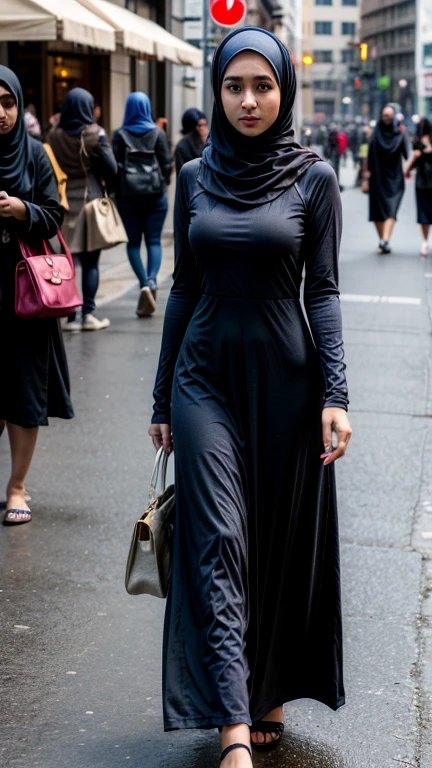 Girl, covered by loosly long dress and hijab, full body photoshoot, detailed detail, real skin texture, walkin in a crowded street, 