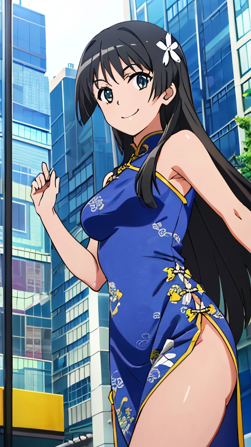 Pixel perfect, perfect detail, solo, one girl, Saten Ruiko, medium bust, (China dress,Show off your thighs,smiling,city), dynamic angle, looking at the audience, centered image, cowboy shot,