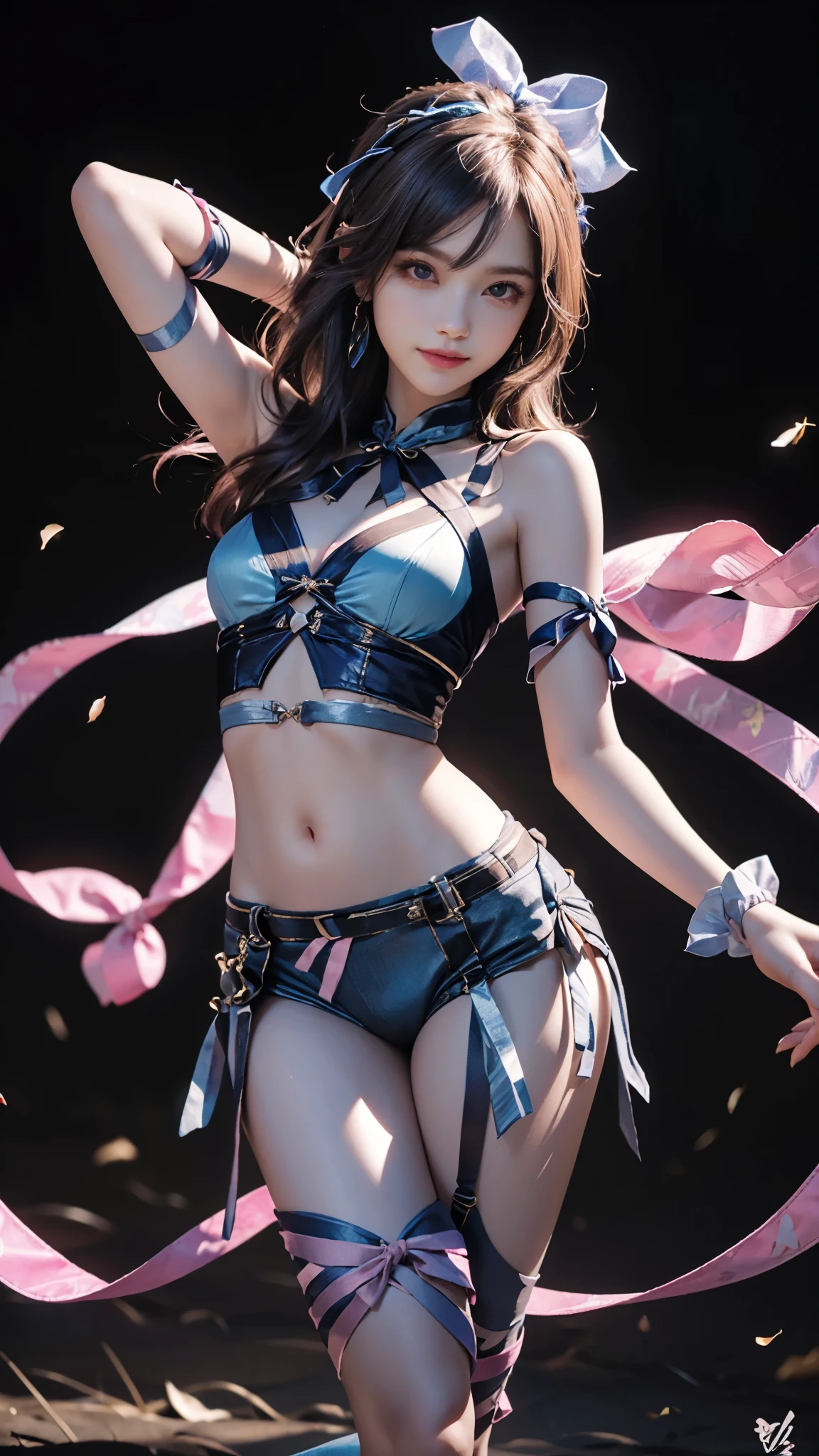 (Ultra-realistic realism), (A high resolution), (32K), (The is very detailed), (Beautifully detailed eyes), (top-quality), (ultra - detailed), (tmasterpiece), (the wallpaper), (A detailed face), solo, 1 girl in, looking at viewert, finedetail, A detailed face, in the darkness nigth, deep shading, low tune, pureerosfaceace_v1, A smile, blue shawl ,straight hair, 46-point diagonal bangs, (Silk clothing, short clothing, strips), (strips:1.5), (strait ribbon:1.5), (cropped shoulders), The view of the night city,Light pastel coloured outfit,Nipples,streaks,Small breasts,near-flat chest,Very small hips,Very thin waist,Very thin legs,Very thin thighs,Morning Glow,In the spotlight,Pink nipples,Long inseam,Dancing naked,Slim legs and thighs,The belly button and the surrounding area are exposed,