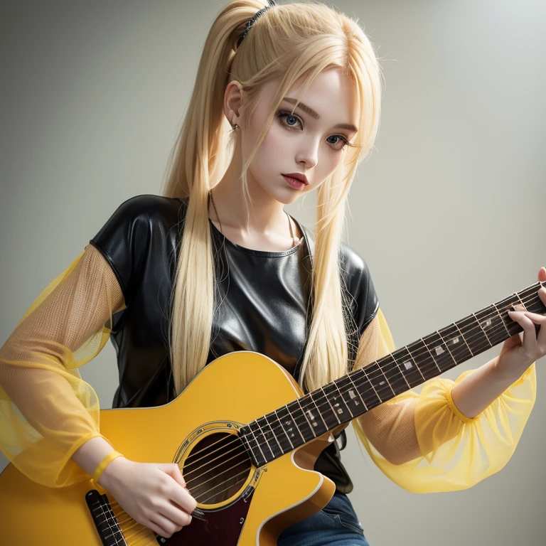 real photo,21 year old girl, long icy golden blonde hair with two ponytails, heavy rocker makeup, pale, wearing a leather yellow top with mesh sleeves on the front, clean solid background, guitar in hand, photo shoot
