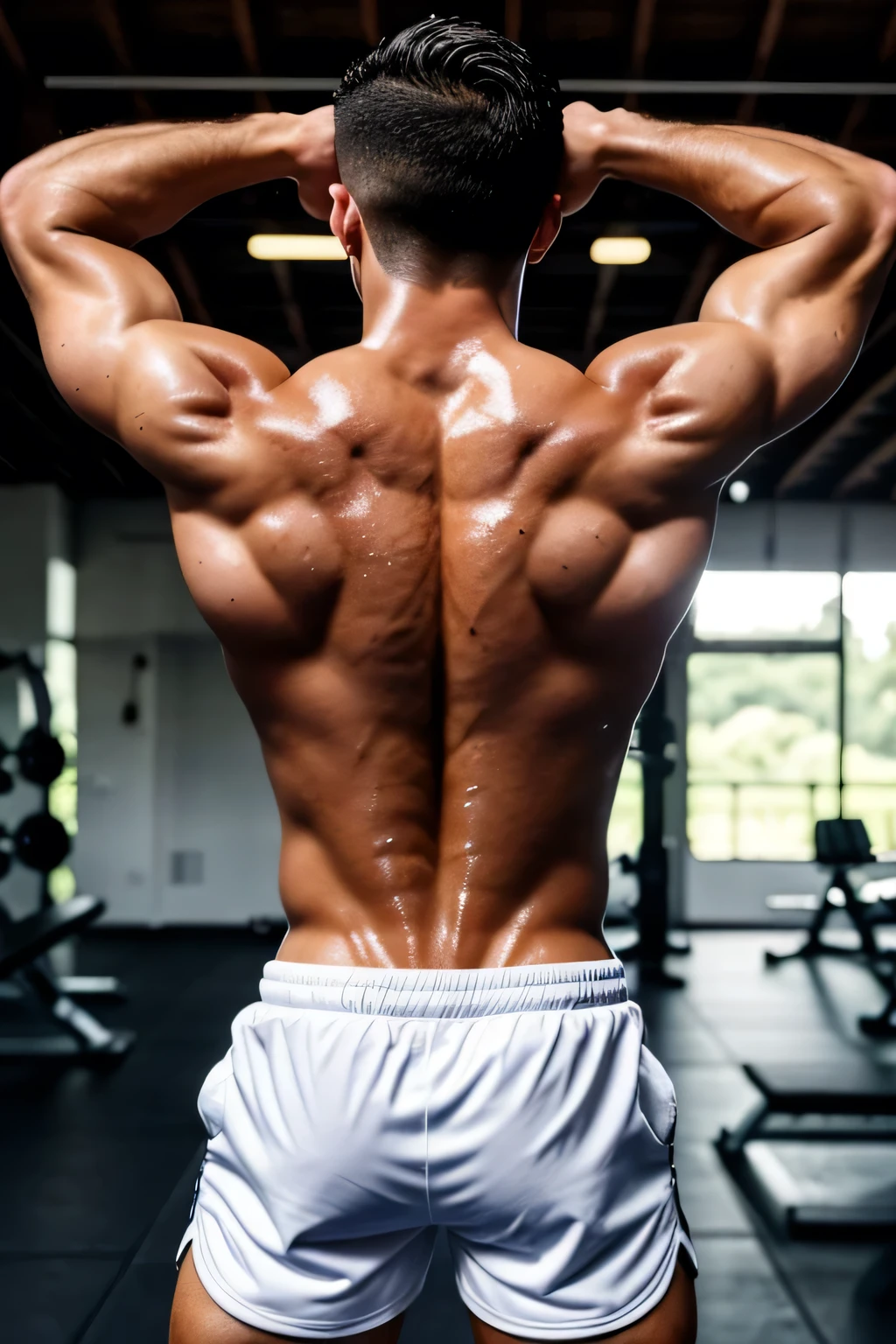 a lean skinny 18-year old shirtless caucasian boy wearing white shorts, undercut black hair, tanned skin, drenched with sweat, sweating profusely, hands above head, showing the back, viewing the back, flexing back muscles, in the gym