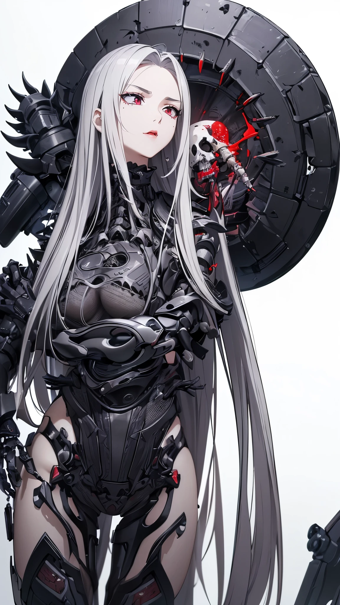 ((8K resolution))、((highest quality))、((masterpiece))、((Very detailed))((((dramatic))), (Anatomically correct)、The depth of the object to write、Looking at the camera、front、(woman、Mechanical bones格、Mechanical boneechanical Cervical Vertebra、Long and thin、Gray Hair、Long Hair、Red Eyes、lipstick、Spit sludge from the mouth、Bloody)、spooky、an ominous、((theme、whole body:1.1)), SF、Design、White Background