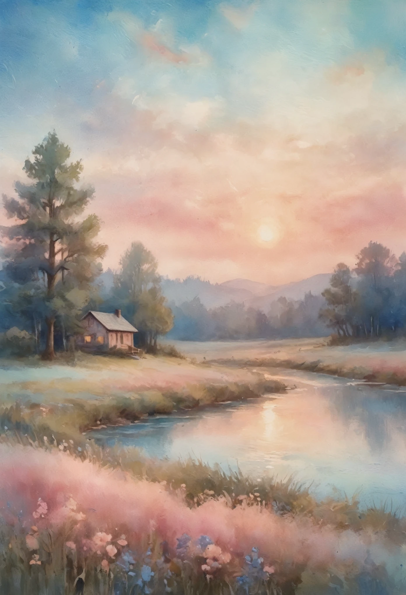 A detailed, dreamy, and bohemian watercolor painting featuring a pastel color palette with blue and pink gradient hues, award-winning watercolor technique, vintage aesthetic, and dynamic splashes throughout the composition, (best quality,4k,8k,highres,masterpiece:1.2),ultra-detailed,(realistic,photorealistic,photo-realistic:1.37),vibrant colors,soft lighting,intricate details,textured paper,watercolor splashes,pastel gradients,blue and pink tones,vintage style,award-winning watercolor,ethereal,serene