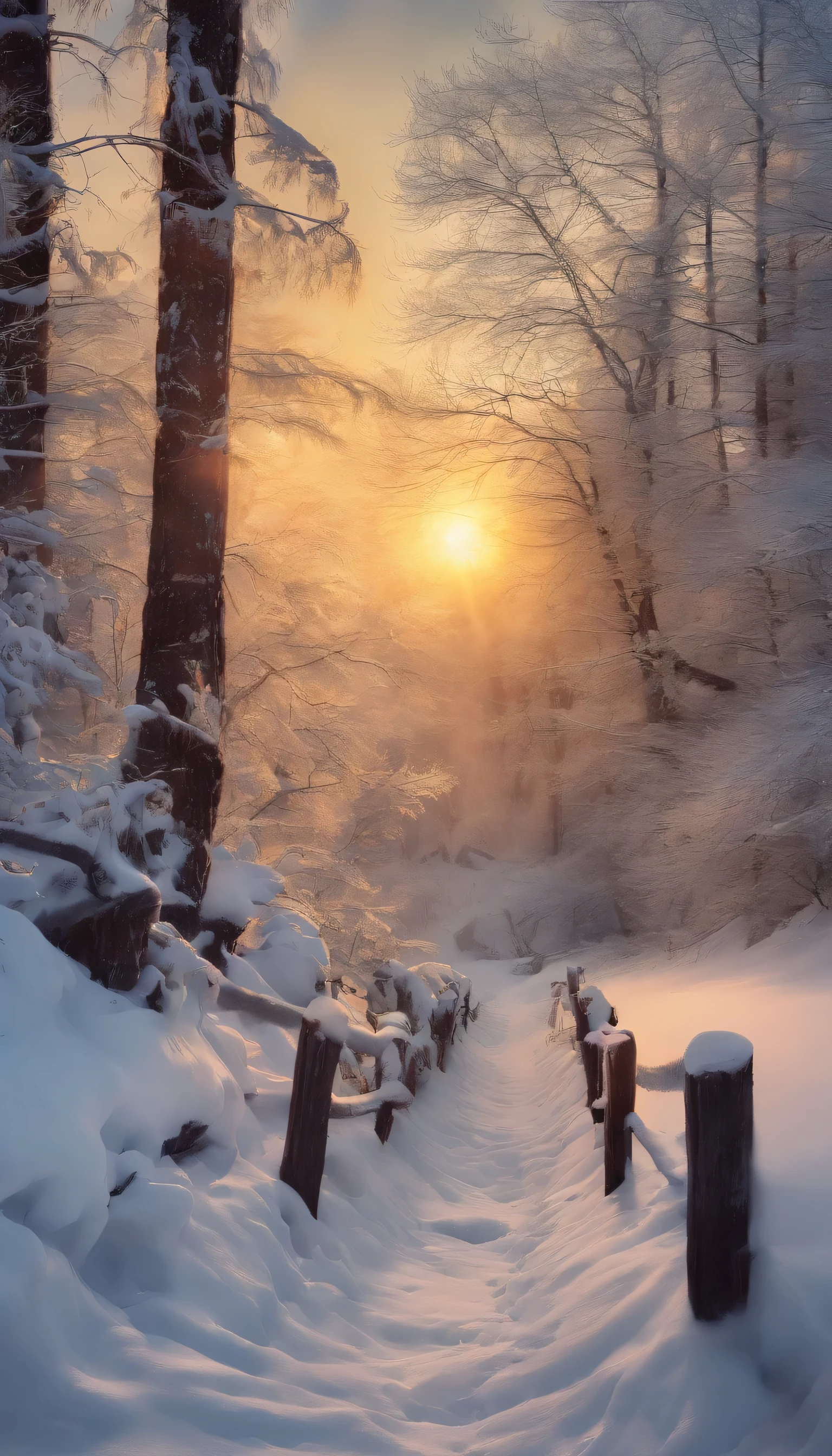 winter，Oyuki，Snow Scene，wood，（（（lime））），The Sunset Sun，Light fog，Dindal effect，Ultra-fine，masterpiece，8k，Depth of written boundary，Super detailed，Detailed depiction，Ultra-photorealism，Surreal