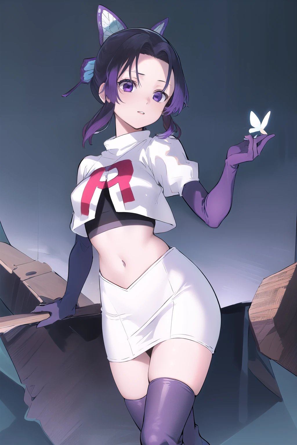 masterpiece, best quality, highres, 1girl, solo, kochou shinobu, butterfly hair ornament, purple eyes, multicolored hair, short hair, parted bangs, team rocket,team rocket uniform,white skirt,red letter R,crop top,black thigh-highs,black elbow gloves, cowboy shot, forest, night, moon