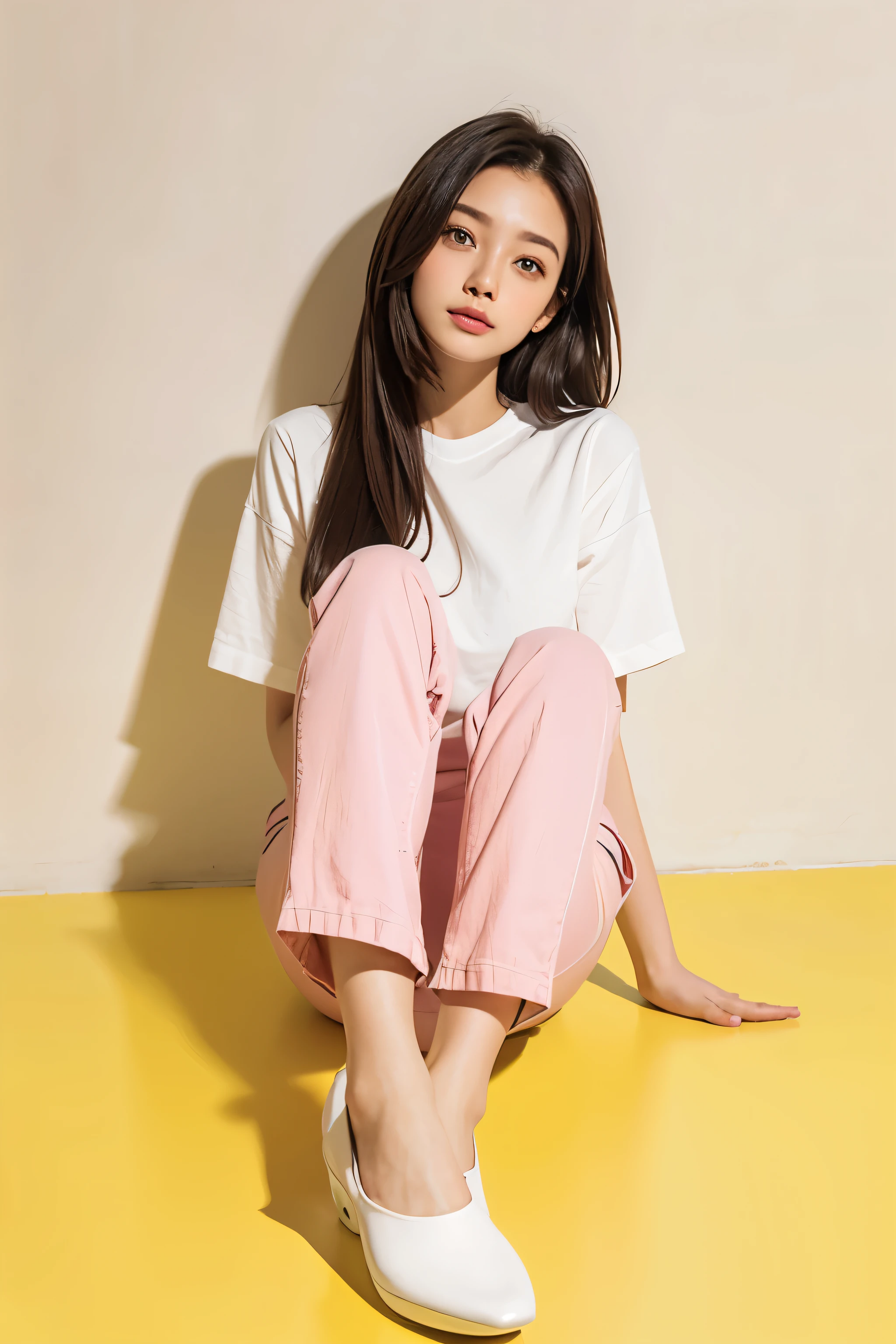 Beautiful woman sitting on yellow floor wearing white shirt and pink pants, white wall, magazine pose,