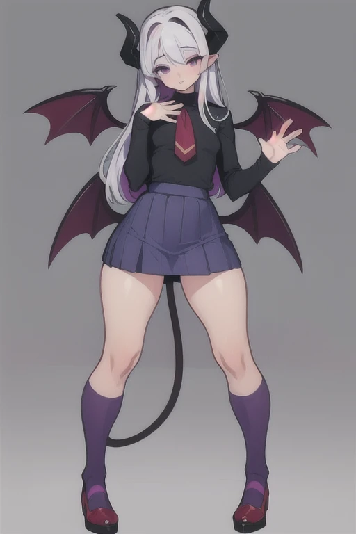 Complete body Vampirewings Peeled purple simple style color Demon girl hay horns anime 2d, (multicolor hair: middle white middle purple), small eyes Boku no hero posecompleta tail Boku no hero costume Boku no hero style, adult appearance, young older, stand up, stand up, demon wings, HD, 4k,  (hero Tight custom) (beautiful custom) , shoes, good anatomy, five fingers, perfect hands, succubus friendly beautiful (good proportion) (full body) (good Hands) (scholar skirt) (light color clothes) 