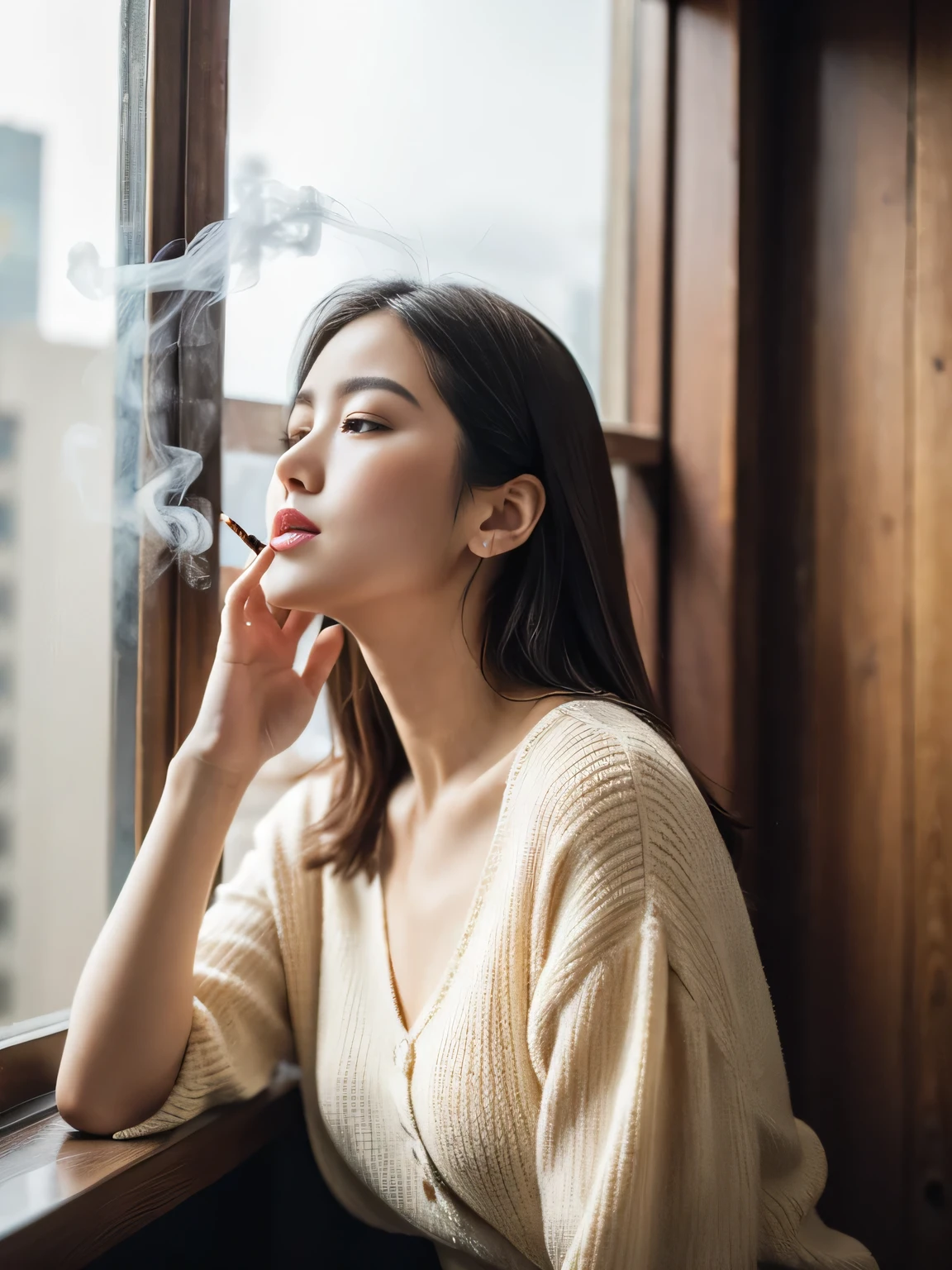 (masterpiece,high resolution,high quality)、Beautiful and realistic Japanese figures、Beautiful limbs、September、Smoking Woman、Cigarette smoke、A corner of the city、