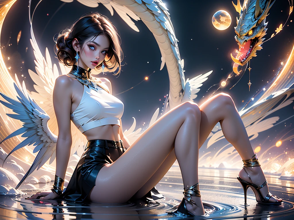female cosmic fallen angel, bright light eyes, deeply sexy, sensual, otherworldly, enchanting, dreamy, Very bright colors, light particles, with luminous light, Mshiff, wallpaper art, UHD Wallpaper, topless, huge breasts , thin waist, long legs, hot. obra de arte, detalhado.
