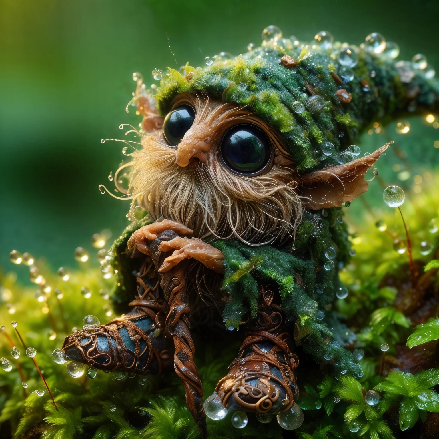 A cute diminutive moss covered dewy male male wizard, wrinkled old looking skin, close up in a dewy rain forest, intricate wizarding costume cragged materials, In a tilt-shift, macro-photographed scene with a shallow depth of field, a tiny, iridescent mystic wizard, intricate gnarled leather wizarding boots, its body a mesmerizing mosaic of microscopic mirrors and gears, perches on the velvety, emerald-green edge of a dew-kissed leaf, surrounded by a constellation of glistening, crystal-like droplets that refract and reflect the soft, golden light filtering through the forest canopy above, amidst a tapestry of intricate, lace-like ferns and moss-covered twigs, with the blurred, bokeh-rich background a warm, earthy blend of umber, sienna, and olive hues.