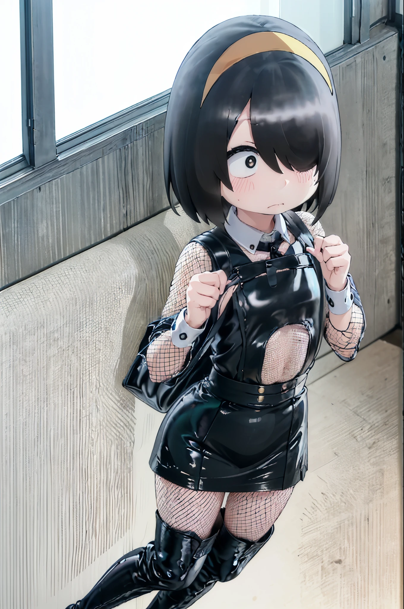 (((chibi:1.4)))、(((Lori:1.4)))、(((low length:1.4)))、((( body type:1.4)))、(((3 heads:1.4)))、Slightly chubby、BDSM、Queen、mistress、(((One girl)))、solo、(((黒いラテックスの指先まin覆われたロンググローブ:1.4 )))、(((黒いラテックスのコルセットdress:1.4)))、(((コルセットdressは綺麗なレースin飾られています)))、(((ショルダーストラップ付きのコルセットdress)))、(((Black latex tight mini skirt:1.4)))、(((Black Thigh Boots)))、(((Black fishnet stockings:1.2 )))、Stiletto heels、(((Black latex panties)))、(((Black latex bra)))、(((Black leather collar)))、(((Sexy pose:1.4 )))、Wide-open legs:1.2、(((Erotic)))、(((Cowboy Shot)))、Nishimura Akane,,Hair on one eye,Medium Hair,Black Hair,One girl,一人in,Looking_in_Audience,Pinafore_dress,Portraiture,Embarrassing,blush,shy,Anime screenshots,Anime Coloring,ribbon,bag,Backpack,school bag,(((Yellow headband)))、Frowning、Frowning、blush