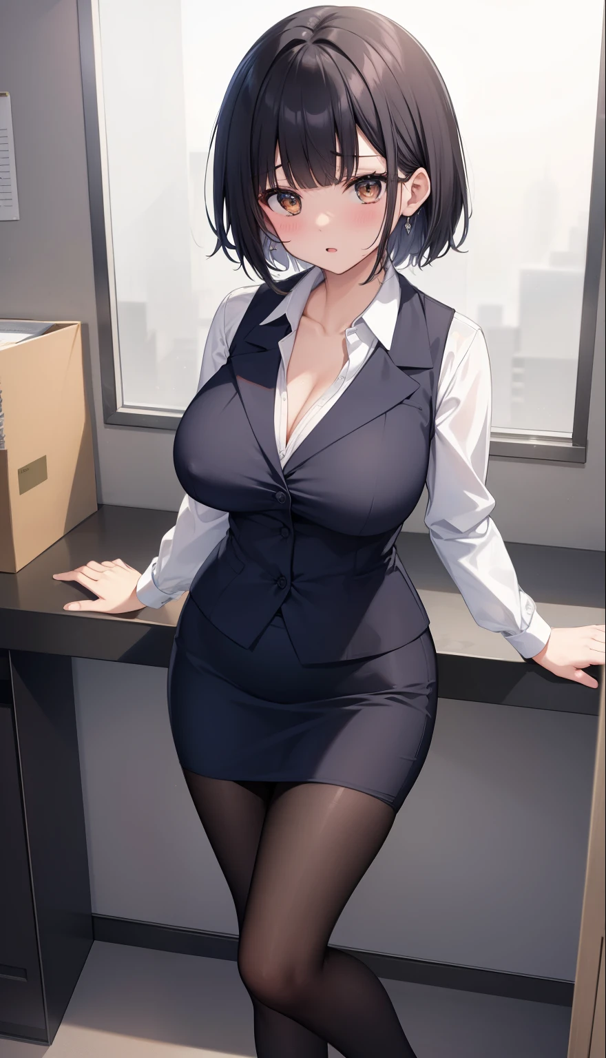highest quality, Flying debris、Beautiful woman、officeレディー、Black Hair、(Brown eyes、Big Breasts、Blunt bangs)、short hair、チェック柄のダークブルーのofficeスーツ)、new employee,Full Body Shot、Female office lady、break(Dark blue checked vest、White dress shirt、Navy blue long tight pencil skirt:1.2)、(Black Knee High、High heels)、break(office:1.3)、Shirt buttons fly off
