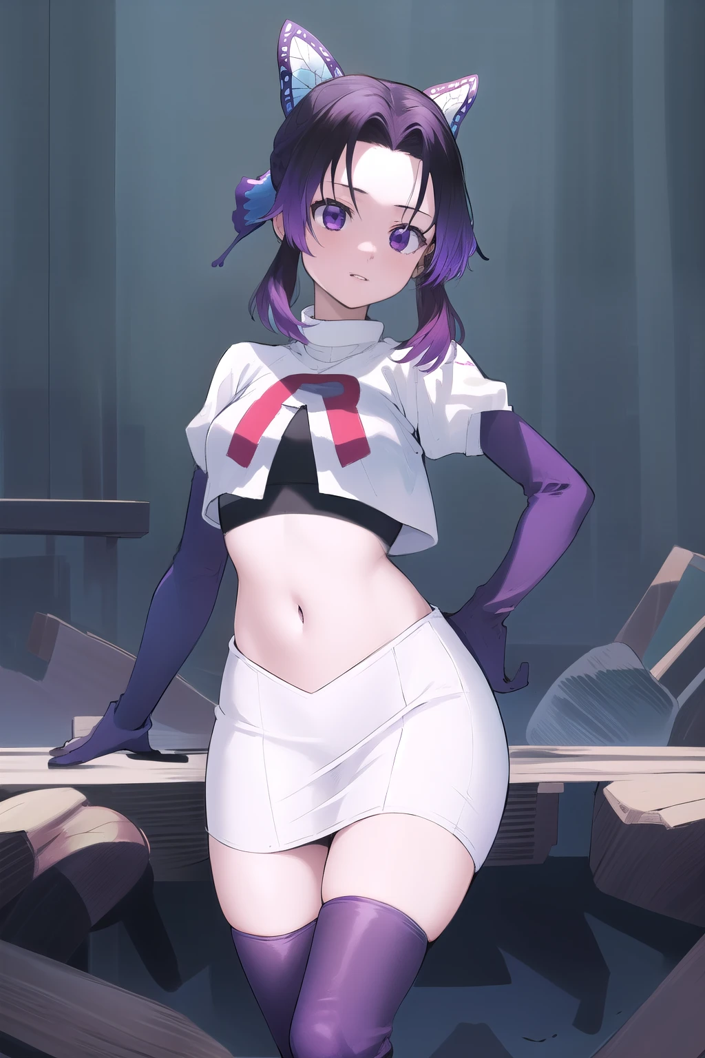 masterpiece, best quality, highres, 1girl, solo, kochou shinobu, butterfly hair ornament, purple eyes, multicolored hair, short hair, parted bangs, team rocket,team rocket uniform,white skirt,red letter R,crop top,black thigh-highs,black elbow gloves, cowboy shot, forest, night, moon