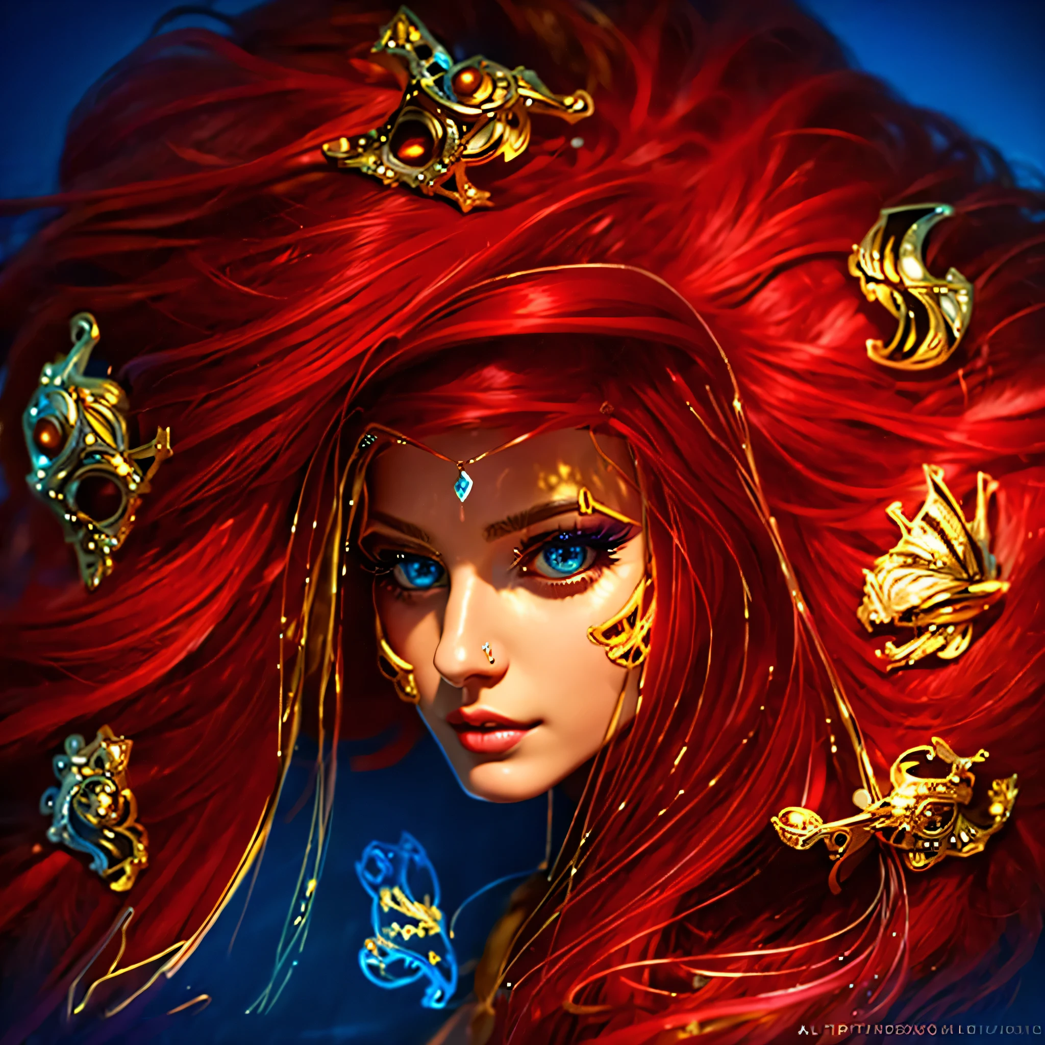 (masterpiece, best quality:1.2), 1girl, solo ((ultra realistic))), photo, best quality, trending on artstation, ONE beautiful woman (long dark red hair:1.2), (detailed eyes:1.2), gold body jewelry, no jewelry in hair, heavy eye makeup, mascara, glossy pink lips, detailed hair, long painted finger nails, fingers holding hair, shiny skin, (focus on face and cleavage:1.1), depth of field, soft lighting, (play of light and shadow:1.2), ultra detailed, detailed gold jewelry with diamonds floating in blue sky.