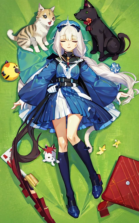 animal illustrations,mixed species,different kinds of animals,various species,diverse animals,digimon evolution，Ultimate Evolution，perfect body，ultimate body，horse，There is personification，digimon evolution，Ultimate Evolution，perfect body，ultimate body，UFO，There is personification，There is a cat girl，woman\(Red Cliff,Lovely,Kawaii,10 years old,Hair color: white,Braided hair,Dark eye color,closed eyes smile,White skin,A big smile,full-body shot,Wearing a death suit，Black robe,Flower Hair Accessories,white hair\) ,quality\(8K,Extremely detailed CG unit wallpaper, masterpiece,high resolution,top-quality,top-quality real texture skin,Surrealism,提high resolution,RAW photos,Best quality,Very detailed,wallpaper\)scenery 