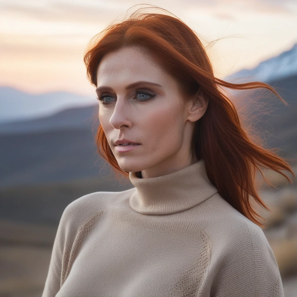 AudreyFleurot1024 , wild head in the wind, turtleneck cropped top, mountain, sunset, detailled eyes, photography, highly detailed, sharp focus, trending on artstation, studio photo, intricate details, highly detailed, by greg rutkowski   