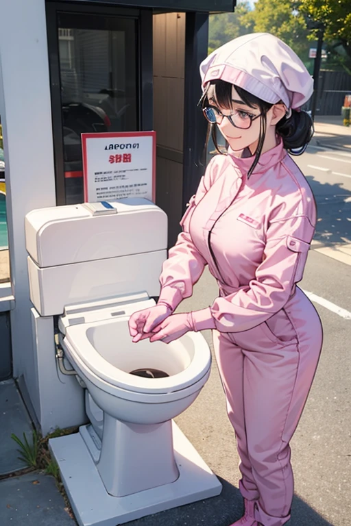 Wearing large pink rubber gloves, white rubber boots and a white cloth wrapped around her head、Two mature women with glasses and black hair tied up in blue long sleeve jumpsuits cleaning a dirty public toilet in a park with a gentle smile