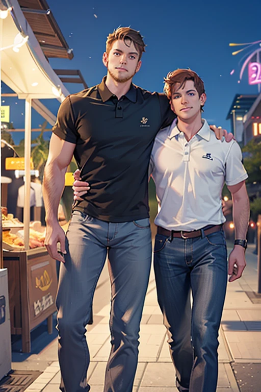 Photo-realistic. A tall, muscular, handsome, 24-year-old jock, with orange hair, stubble, and green eyes, wearing a teal, graphic T-shirt, and jeans, arm around a fit, handsome, 30-year-old, man with short, shaved, brown hair, stubble, and blue eyes, wearing a short sleeve, pale yellow polo shirt, and gray slacks, walking close to each other, leaning into each other, smiling slightly, at a carnival, at night.