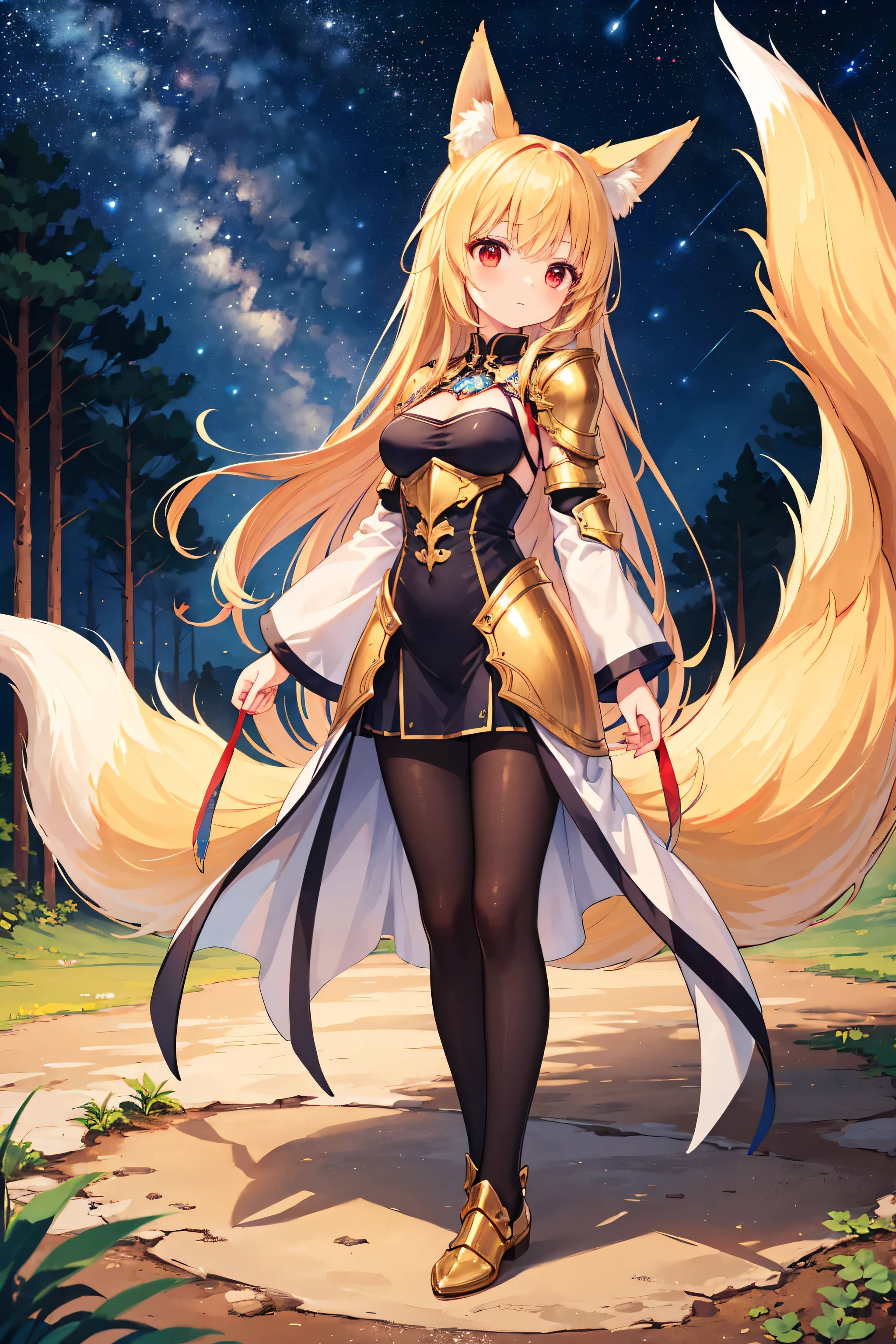 (masterpiece)、(highest quality)、((Very detailed))、(Very delicate)、cute、Golden Hair、Beautiful breasts、Nice、Fantastic forest and starry sky、Golden fox tail、Golden fox ears、Red eyes、one person、Long Hair、(Full body portrait),(Are standing:1.3)、Absolute area、cute armor suit、(Full body golden metal armor)