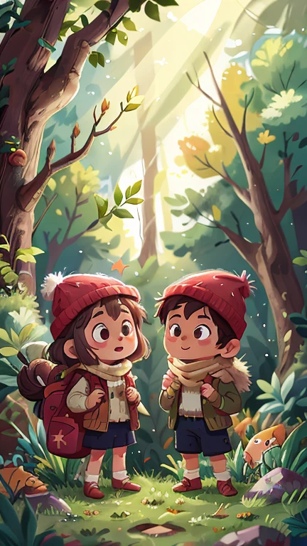 Girl and boy standing in the forest, personification,hapiness，rejoice, Knitted hat, A glittering door in the middle of a meadow, Luminous doors, Vista, Door leaf, Perfect quality，Be focused（Clutter - Home：0.8）， （masterpiece：1.2） （realistically：1.2） （Bokeh） （Best quality） （Delicate skin：1.3） （Intricate details {strength） （8K） （Delicate eyes） （scarf）,（having fun）