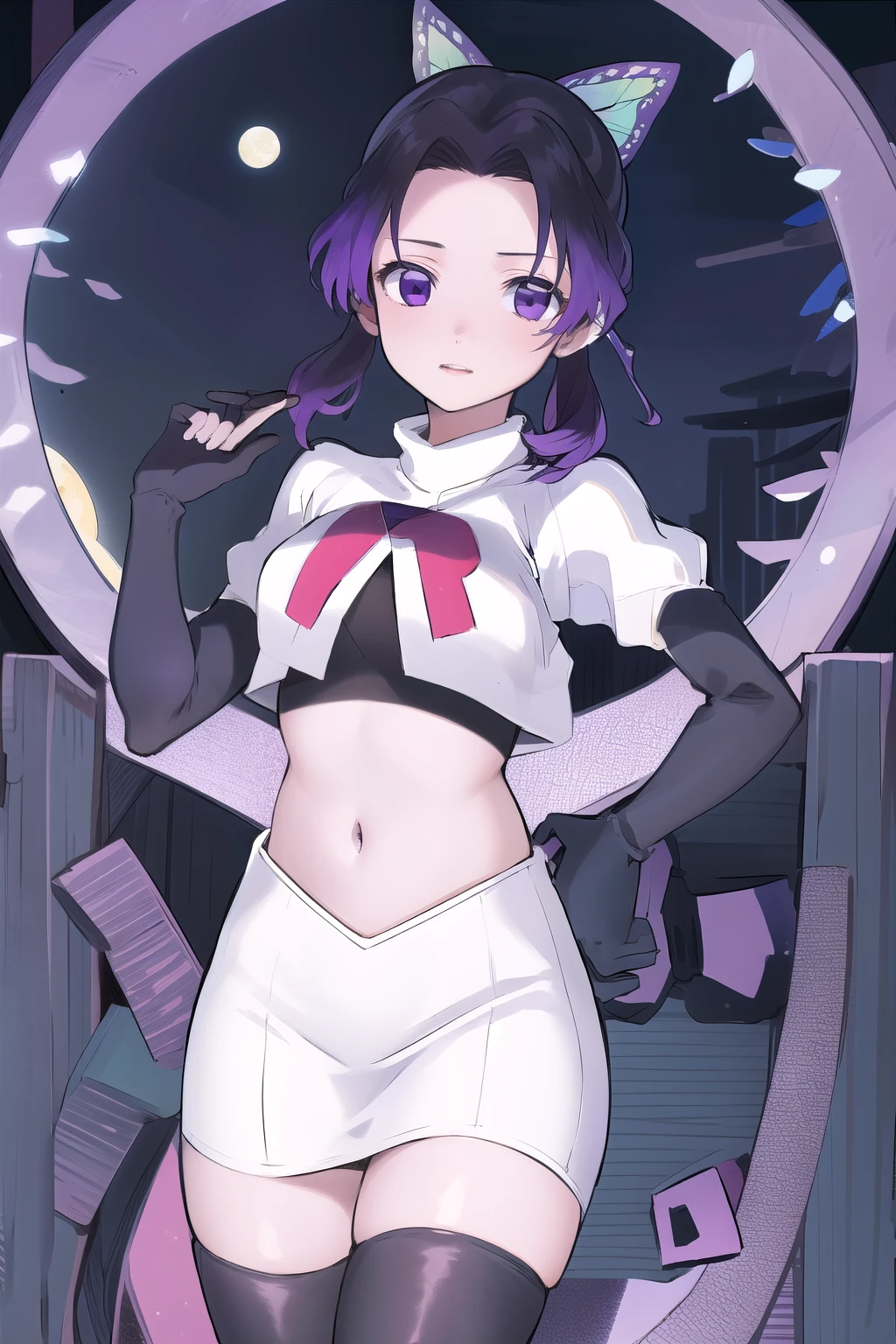 masterpiece, best quality, highres, 1girl, solo, kochou shinobu, butterfly hair ornament, purple eyes, multicolored hair, short hair, parted bangs, team rocket,team rocket uniform,white skirt,red letter R,crop top,black thigh-highs,black elbow gloves, cowboy shot, forest, night, moon