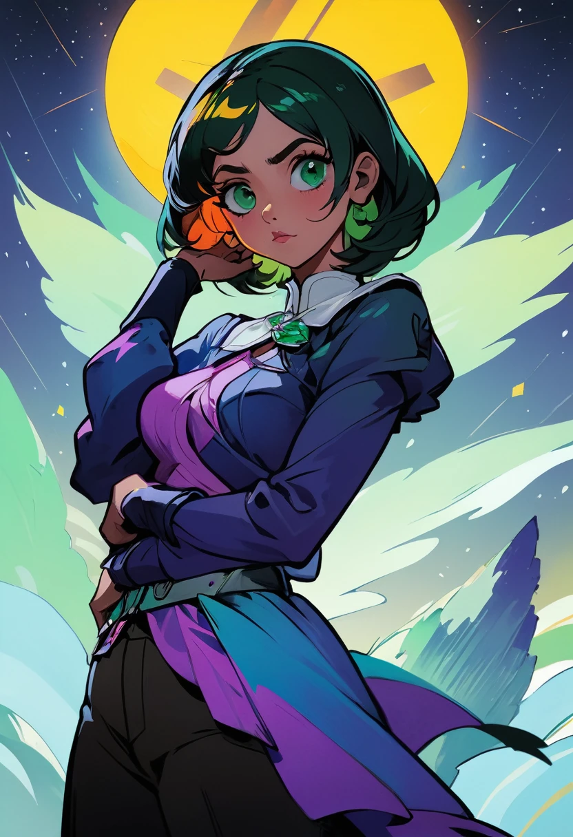 Isis una chica proveniente de paris, Iris de los verdes esmeralda Frios seria, mejor calidad, contemporary, estilo voluptuoso, Illustration with big breasts and cold emerald green eyes,Cabello verde rio, pelo corto hasta los hombros, pelo verde Rio, con un uniforme de tanatopraxista que es bata blanca con blusa color rrema y lleva un pantalon negro, Retrato de cabeza en primer plano, pecho grande, escote un poco ancho, pechos grandes un poco ancho, Cabello verde rio, 1 chica seria, em uniforme de tanatopraxista del siglo 24 que es una bata blanca con utencilios de maquillaje ,take a black pantaloon,tiene utencilios de maquillaje en su bata pintado a mano, colorida de ambiente frio, Super cute yet serious girl with river green hair with soft makeup., figura sexy con caderas, robusto, con caderas y figura sexy,Esta sentada en una silla en frente de su escritorio con unos papeles que esta leyendo, pelo muy corto hasta los hombros, con orejas de gato con aretes de color negro, quadratic element, Cold green river with formal 24th century work clothes, iris con labios rosados, al estilo de la suave paleta de colores aurorapunk, an anime illustration of his face, , hand drawn animation, bocetos encantadores, cold, palido , perspectiva, de cerca, Girado, de lado, desde arriba, corte, perspectiva de una sala blanca con escritorio y silla