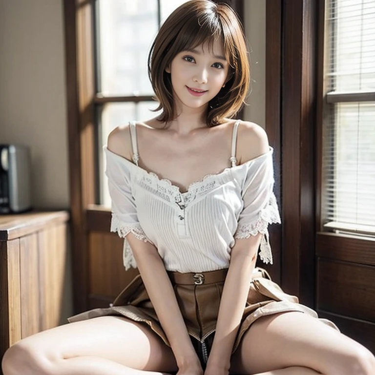 Masterpiece, 8k, best quality, 1 girl, ultra detailed face, perfect skin, perfect face, (Tsubasa Honda), japanesse actress, short hair, brown hair, brown eyes, smile, beauty, half naked, she take off her lace undershirt, big chest, milky breasts, open chest, off shoulders, plattered mini skirt, sitting on the chair carelessly, spread legs apart, no panties, full body view, seaside, nice legs