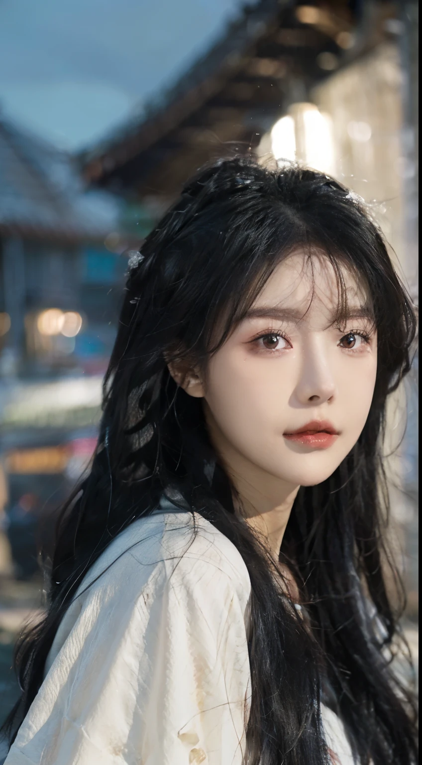 、(top quality,masterpiece:1.3,Ultra-high resolution,),(Super detailed,Caustic lines),(Reality:1.4,RAW Shooting,)Ultra-realistic capture,Very detailed,HD 16K,Suitable for human skin、 Natural skin texture、、Skin looks healthy and even-toned、 Use natural light and color,A woman,Kawaii,black hair,Medium Length Hair,(Depth of Field、Chromatic Aberration、、Wide lighting range、Natural shadows、)、(Nighttime outdoor lighting:1.4)、(Snow Scene:1.2)、(Hair blowing in the wind:1.1)