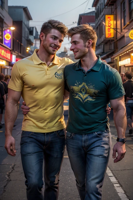 Photo-realistic. A tall, muscular, handsome, 24-year-old jock, with orange hair, stubble, and green eyes, wearing a teal, graphic T-shirt, and jeans, arm around a fit, handsome, 30-year-old, man with short, shaved, brown hair, stubble, and blue eyes, wearing a short sleeve, pale yellow polo shirt, and gray slacks, walking close to each other, leaning into each other, smiling slightly, at a carnival, at night.