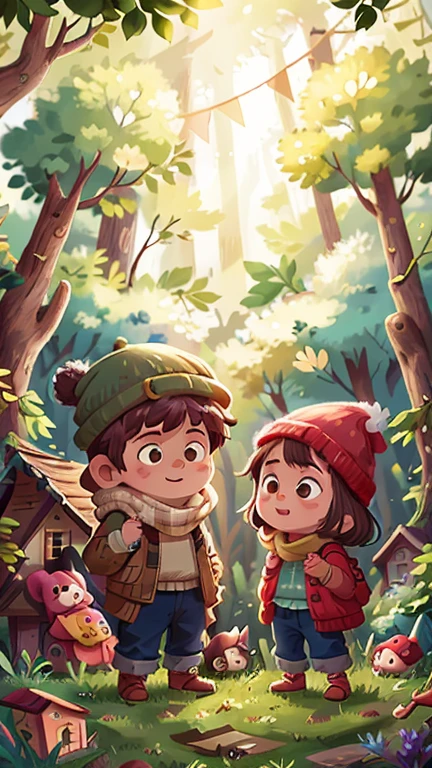 Girl and boy standing in the forest,Wooden house personification,hapiness,rejoice, Knitted hat, A glittering door in the middle of a meadow, Luminous doors, Vista, Door leaf, Perfect quality,Be focused(Clutter - Home:0.8), (masterpiece:1.2) (realistically:1.2) (Bokeh) (Best quality) (Delicate skin:1.3) (Intricate details {strength) (8K) (Delicate eyes) (scarf),(having fun)