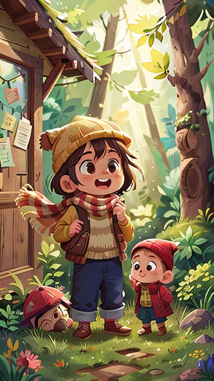 Girl and boy standing in the forest,Wooden house personification,hapiness,rejoice, Knitted hat, A glittering door in the middle of a meadow, Luminous doors, Vista, Door leaf, Perfect quality,Be focused(Clutter - Home:0.8), (masterpiece:1.2) (realistically:1.2) (Bokeh) (Best quality) (Delicate skin:1.3) (Intricate details {strength) (8K) (Delicate eyes) (scarf),(having fun)