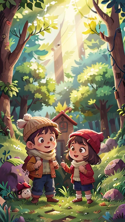 Girl and boy standing in the forest,Wooden house personification,hapiness,rejoice, Knitted hat, A glittering door in the middle of a meadow, Luminous doors, Vista, Door leaf, Perfect quality,Be focused(Clutter - Home:0.8), (masterpiece:1.2) (realistically:1.2) (Bokeh) (Best quality) (Delicate skin:1.3) (Intricate details {strength) (8K) (Delicate eyes) (scarf),(having fun)