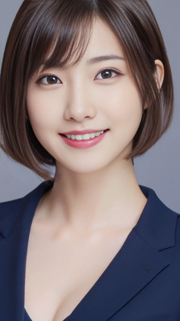 Face close-up,A ultra young Japanese girl, navy blue business suit slimfit, incredibly cute, very short hair, big smile,Beautiful Eyes,innocent,artless,Natural Makeup, (best quality,4k,8k,highres,masterpiece:1.2),ultra-detailed,(realistic,photorealistic,photo-realistic:1.37),professional, vivid colors, studio lighting