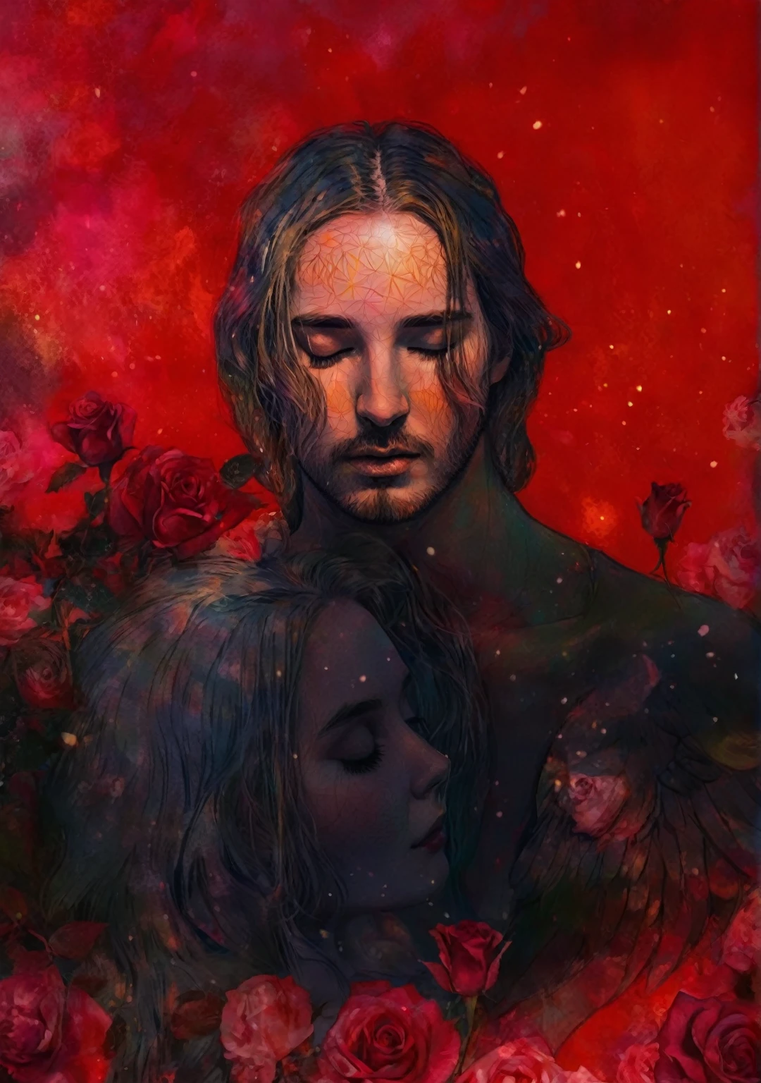 (best quality,4k,8k,highres,masterpiece:1.2),ultra-detailed,(realistic,photorealistic,photo-realistic:1.37),tarot card the lover,naked woman,flowing golden hair,embracing couple,passionate kiss,pure love,vibrant colors,romantic atmosphere,soft lighting,subtle shadows,magic,mythology,beautiful nature surrounding them,roses blooming,lush garden scenery,whimsical details,celestial background,angelic wings,harmonious composition,ethereal beauty,artistic interpretation, nsfw