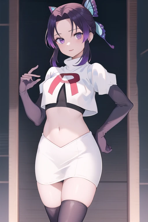 masterpiece, best quality, highres, 1girl, solo, kochou shinobu, butterfly hair ornament, purple eyes, multicolored hair, short hair, parted bangs, team rocket,team rocket uniform,white skirt,red letter R,crop top,black thigh-highs,black elbow gloves, cowboy shot, forest, night, moon