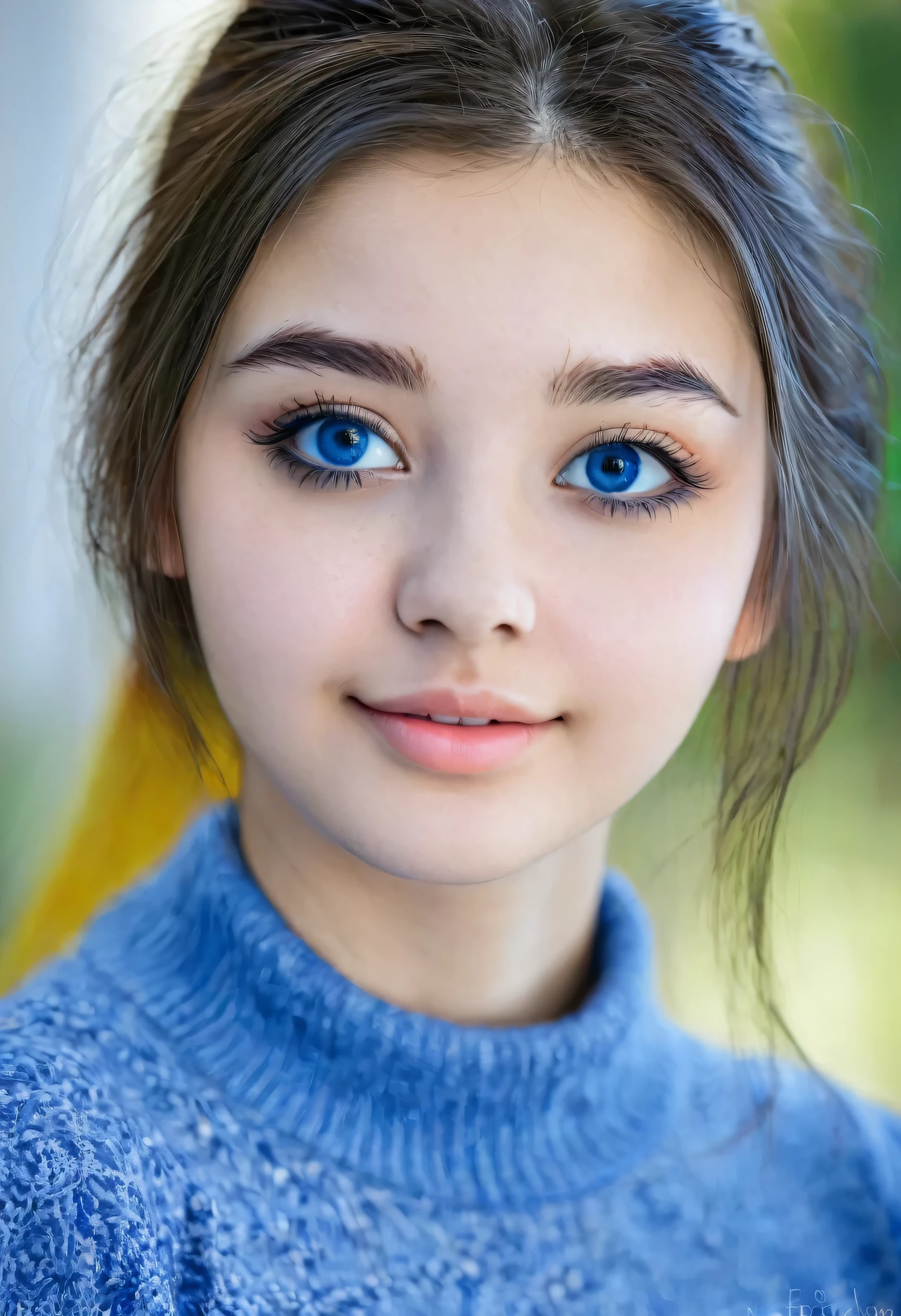 a beautiful 18 year old girl with round face, black eyes wearing blue sareever