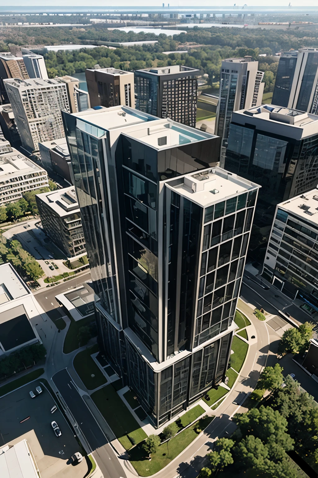 here is a modern, tall and sleek building , Top view angle, Top view, Large area of glass, Large area of windows,ealistic architectural rendering
