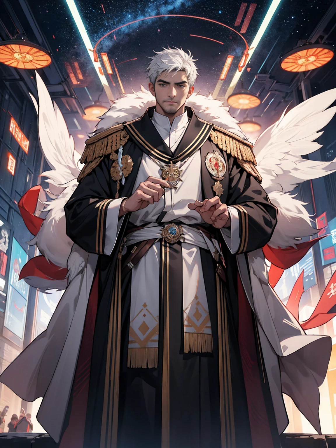 ((realistic: 1.5)),((best quality)), ((masterpiece)),((detailed)), male, young, short white hair, white beard, scars across face, yellow eyes, angel wings black, focus on the face, serious look,
assassins creed costume, landscape at night, chinese temple