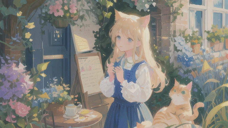 Illustration of a picture book in the style of Beatrix Potter, Girl drinking tea in the garden, The illustrations are fascinating and wonderful, Soft colors and details.((Perfect Anatomy)), , (Highly detailed fingers), The best move, Perfect Face, Beautiful Face, Beautiful Eyes, Perfect Eyes, (Perfect Fingers), Correct Anatomy, Cat ear, Cat&#39;s Tail
