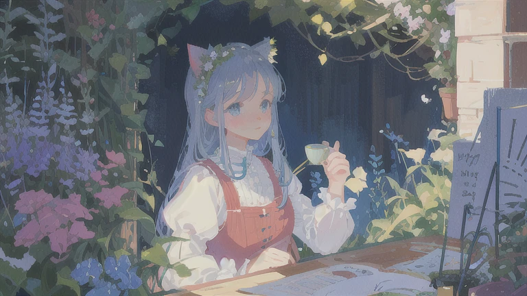 Illustration of a picture book in the style of Beatrix Potter, Girl drinking tea in the garden, The illustrations are fascinating and wonderful, Soft colors and details.((Perfect Anatomy)), , (Highly detailed fingers), The best move, Perfect Face, Beautiful Face, Beautiful Eyes, Perfect Eyes, (Perfect Fingers), Correct Anatomy, Cat ear, Cat's Tail